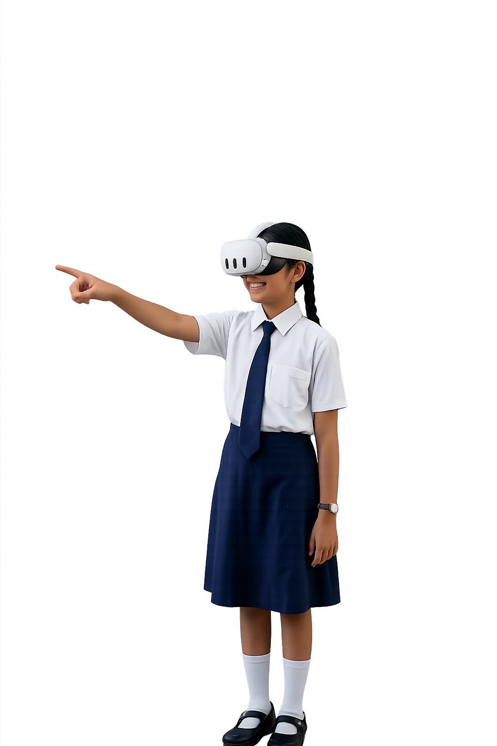Girl student tapping with VR headset
