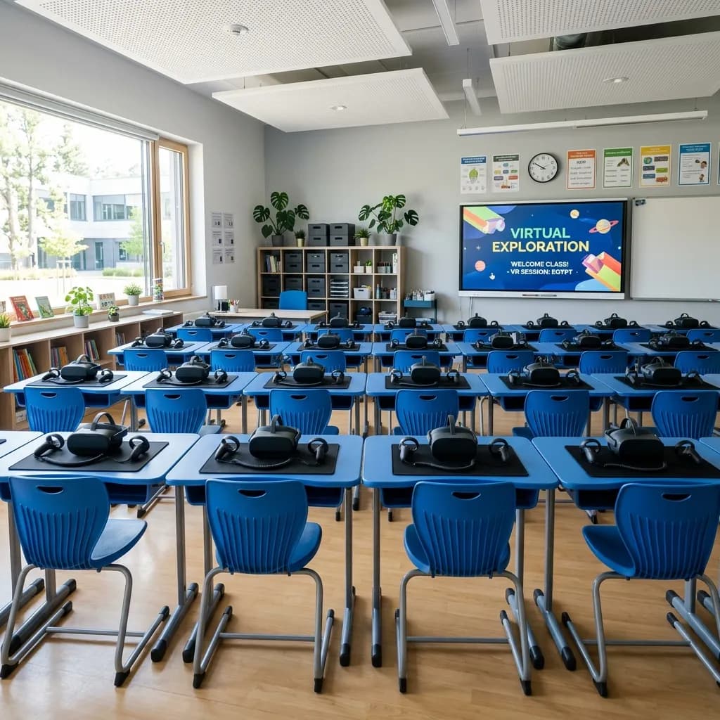 Teacher guiding students through a SparkVR headset session in a school classroom