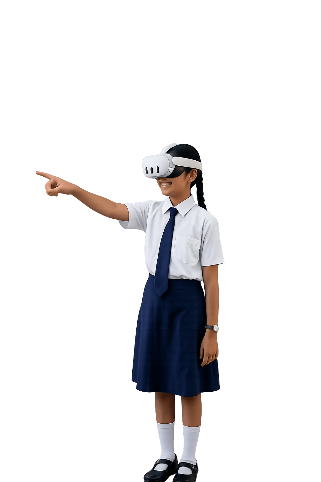 Girl student tapping with VR headset