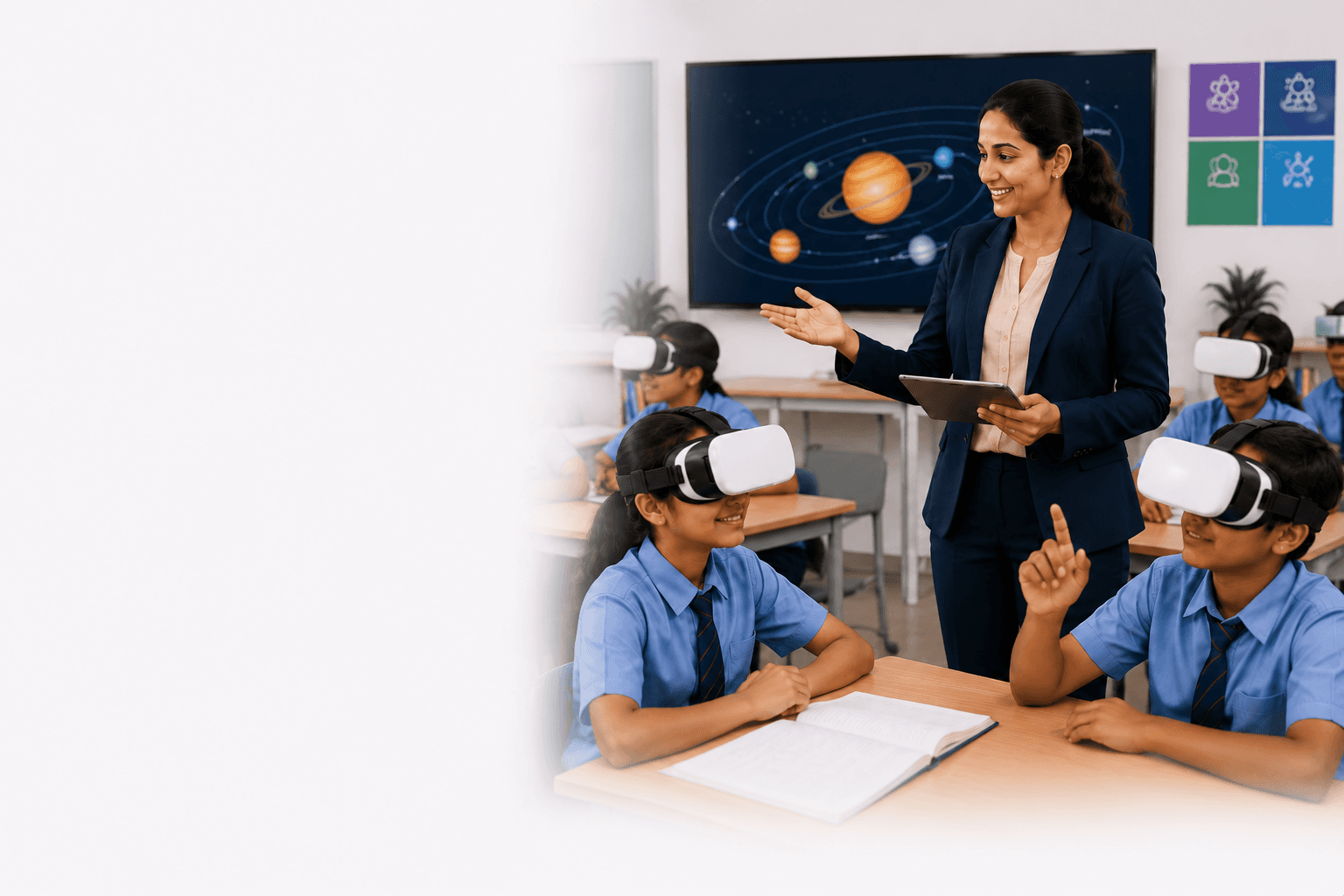Teacher guiding students through a VR lesson in the classroom