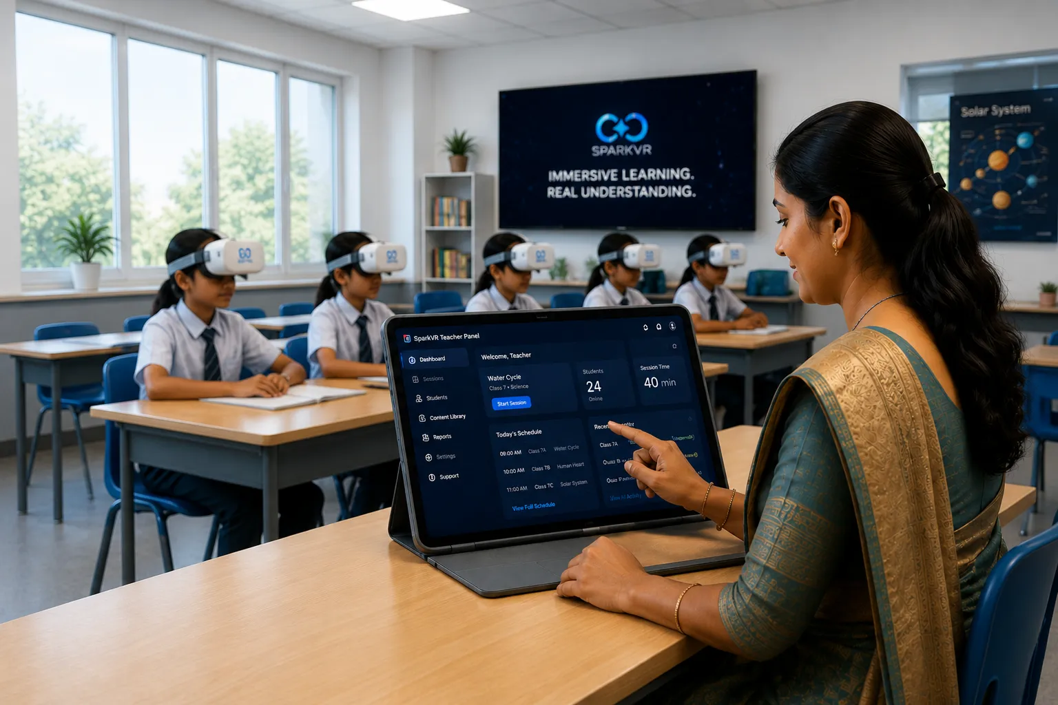 Teacher using the SparkVR classroom control dashboard on a tablet